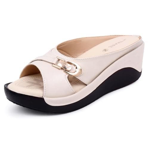 TRASE Women's Fashion Sandal, Faux Leather, Comfortable and Stylish Wedges| Soft Cushion Footbed For Women & Girls | For Casual Wear & Formal Wear Occasions 2.5 inches heel-Cream, 8 UK