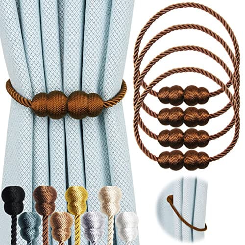 Hangtty Magnetic Curtain Tiebacks 4 Pack Rope Decorative Curtain Tie Backs Elegant Curtain Holders for Drapes Outdoor Window Treatment Holdbacks Coffee