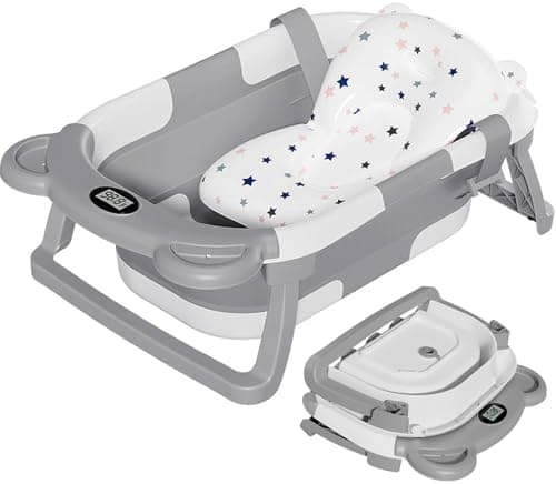 TPN Collapsible Baby Bathtub, Baby Bath Tub with Soft Cushion & Real-Time Thermometer, Baby Bathtub Infant to Toddler Tub (0-36 Months), Portable Travel Baby Tubs for Newborns (Grey)
