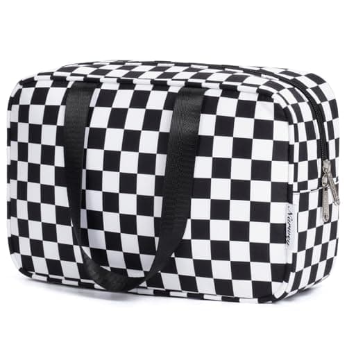 Narwey Large Toiletry Bag Women Cosmetic Bag Travel Makeup Bag Organizer Medicine Bag for Toiletries Essentials Accessories (Black Checkerboard, Large)