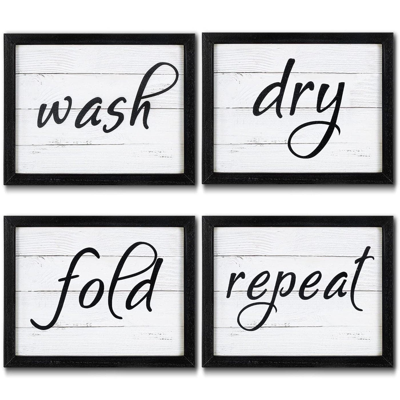 4 Pieces Funny Laundry Signs Wash Dry Fold Repeat Sign Funny Laundry Room Wall Art Signs Framed Rustic Farmhouse Hanging Wood Wall Decor for Home Laundry Bathroom 10 x 8 Inch Black