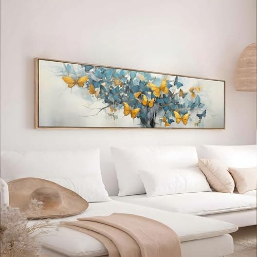 Large Canvas Painting Panel Framed Wall Painting Abstract Tree with Yellow Butterfly Framed Luxury Paintings for Home Decoration, Living room, Bedroom and Office Décor (Sku Blue, 13x47 Inch)