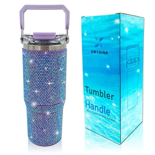 30oz Bling Rhinestone Studded Tumbler with Top Handle and Leakproof Lid Vacuum Insulated Stainless Steel Glitter Crystal Water Bottle with Flip Straw Reusable Cup Outdoors Travel Mugs (Violet)
