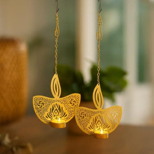 CraftVatika Tealight Candle Holder Set of 2, Diwali Decoration Items, Diwali Decor Items, Deepawali Gifts for Family and Friends, Diya Design Tlight Candle Holder for Home Wall Hanging Decorations