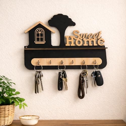 CraftVatika Key Hangers for Wall with Shelf Key Holder, Wall Mounted Decoration Key Chain Stand Wood Keys Organizer 6 Stainless Steel Hook Decorative Items for Living Room Home Decor, Wall Décor