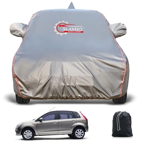 Slamio Heavy-Duty Car Body Cover for Ford Figo (2010-2014) | Waterproof, Dustproof, UV Protection, Custom Fit, Heavy Belt & Buckle with Mirror & Antenna Pocket | Dark Grey