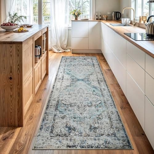 Bloom Rugs Washable Non-Slip 12 ft Runner - Beige/Blue Traditional Runner for Entryway, Hallway, Bathroom, and Kitchen - Exact Size: 2.5' x 12'