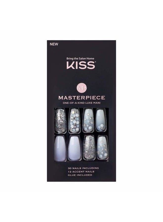 Masterpiece One-Of-A-Kind Luxe Mani, Long Length, Premium Acrylic Fake Nails, Style “No.1”, with Pink Gel Nail Glue, Manicure Stick, Mini File, & 30 False Nails Including 12 Accent Nails
