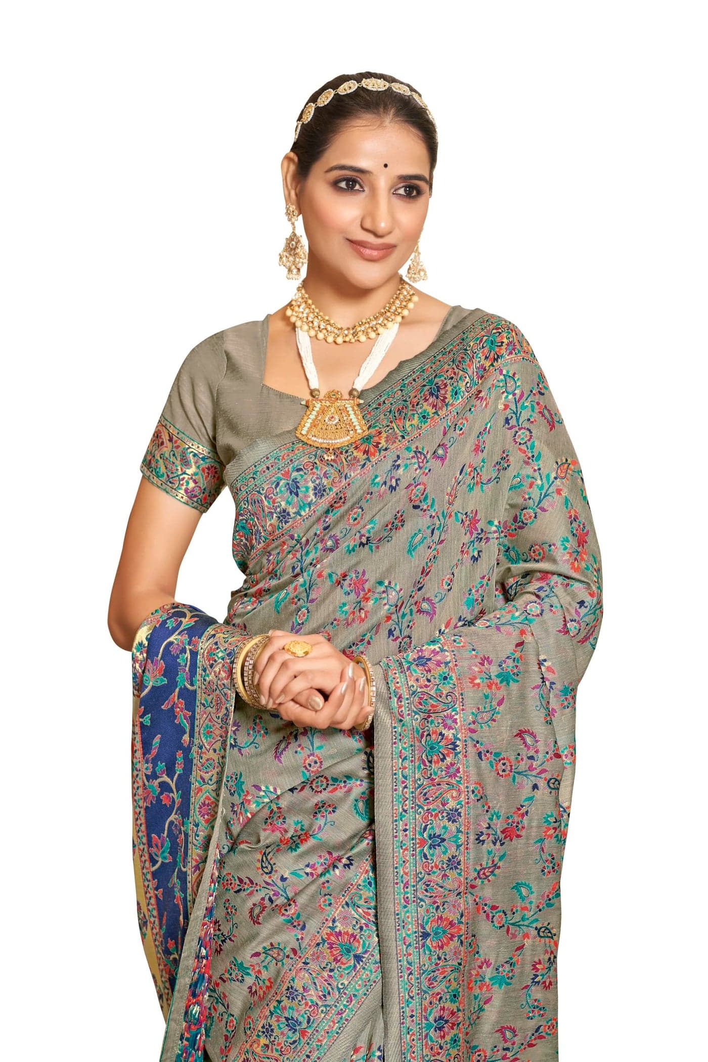 Glory Sarees Women's Kashmiri Cotton Woven Saree With Blouse Piece (Heritage_Silk111_Grey)