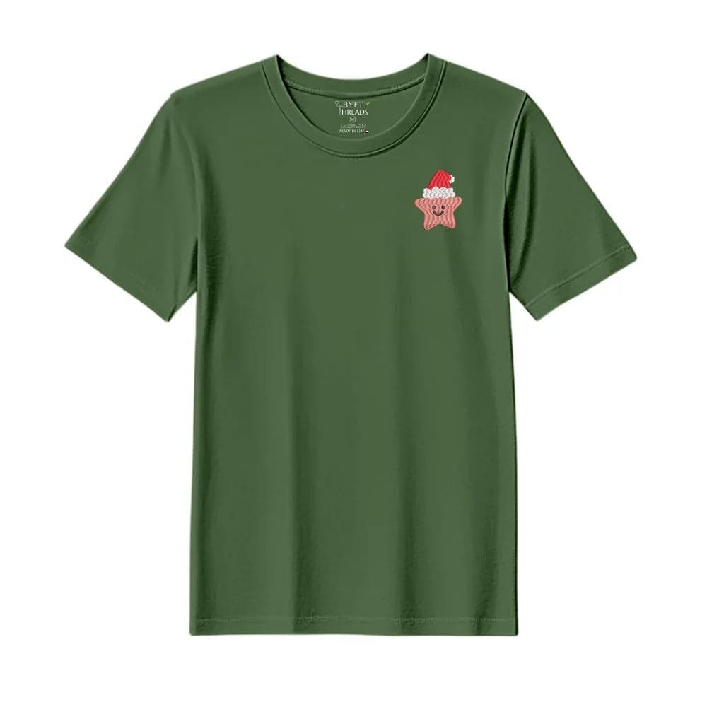 Threads XXL Forest ELF Green Polycotton T-Shirt - Christmas "Smiling Christmas Star with Santa Hat" Embroidered Design, Premium Holiday Collection