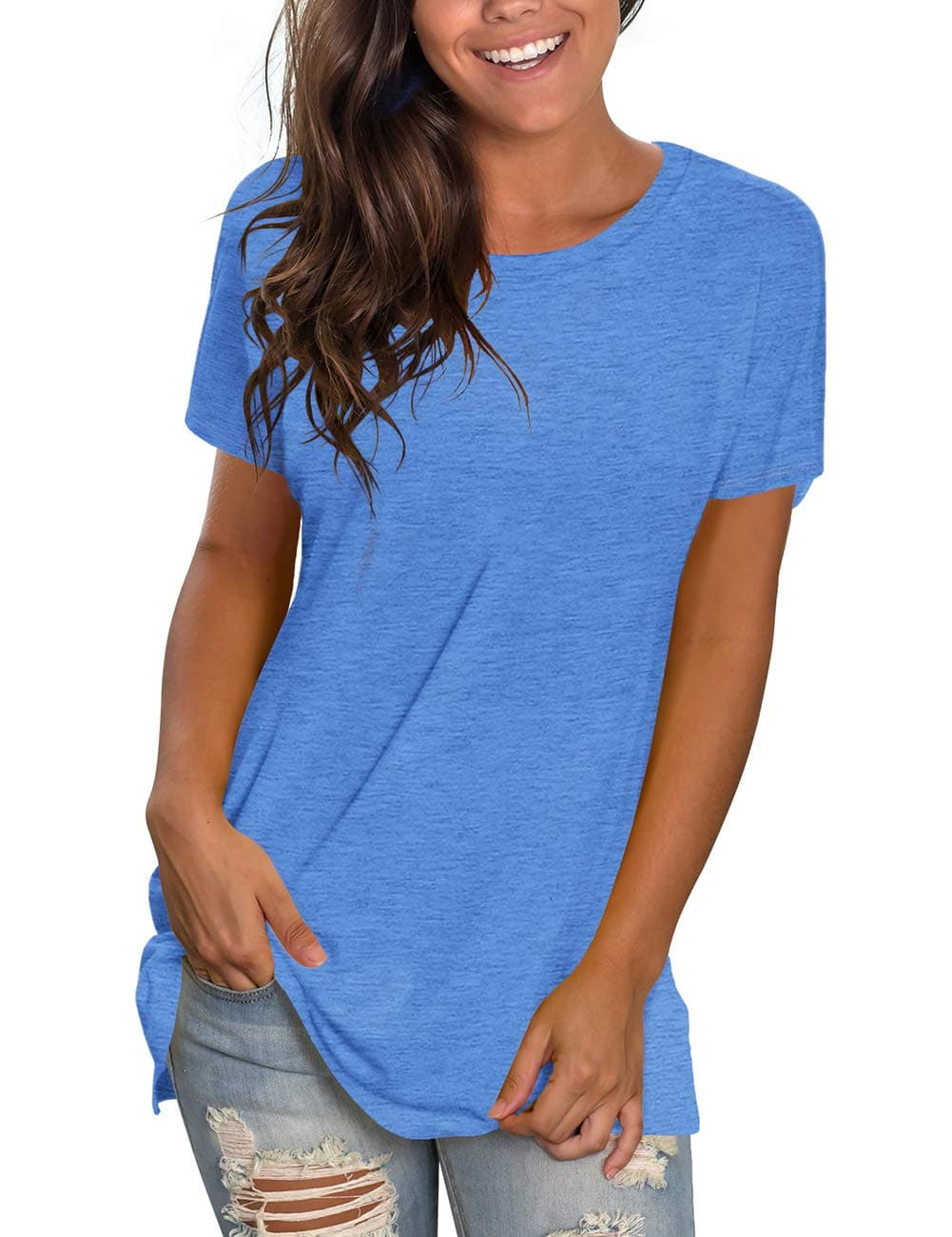 Plain T Shirts for Women Short Sleeve Summer Tops Loose Fitting Tees Blue XL