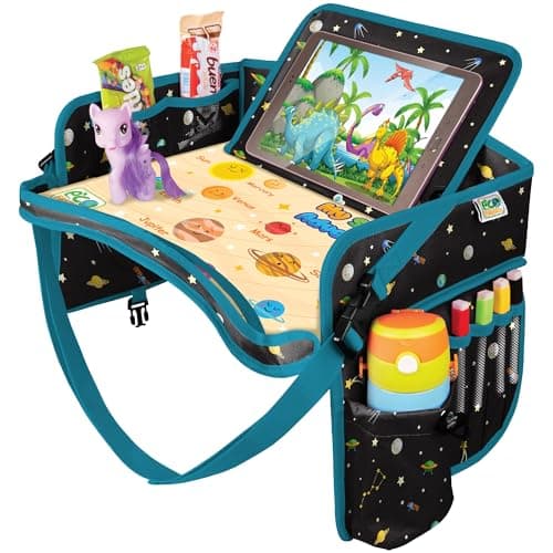 ECOFANTASY Car Seat Tray for Toddler Waterproof Carseat Table Top Kids Travel Tray Travel and Road Trip Essentials Kids Lap Desk with Storage Baby Airplane Travel Accessories Black