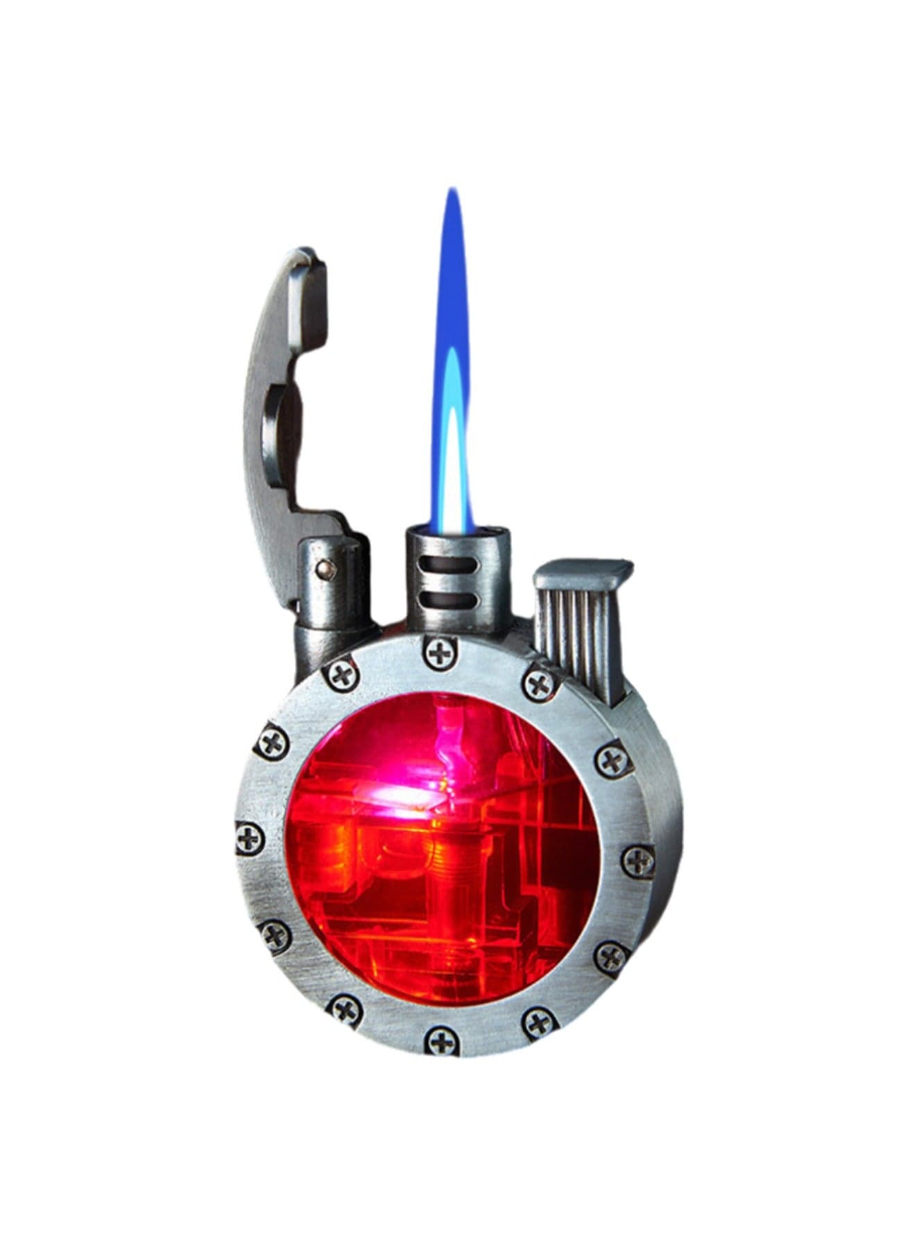 Gas Lighter Retro Round Windproof LED Light (Gas Not Included, Silver)