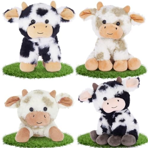 Tezituor 4 Pcs Cow Stuffed Animal Bulk 10 Cow Plush Toys Soft Cow Plushies Farm Animal Party Decor Christmas Birthday Gifts for Boys Girls