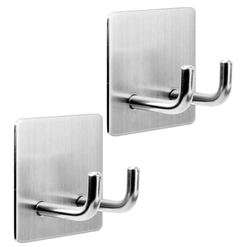 JIALTO 2 pcs Self-Adhesive Waterproof Stainless Steel Hooks: Heavy-Duty Wall Hangers for Bathroom & Kitchen - No Drill Needed, Strong Hold for Coats and Towels (Double Hook Silver)