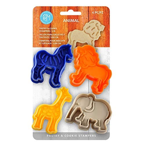 R&M Animal Collection Pastry & Cookie Cutter set of 4. Assorted Designs and Colors, Zebra, Lion, Giraffe, Elephant. 2 Inches Assorted Plastic Cookie Cutters