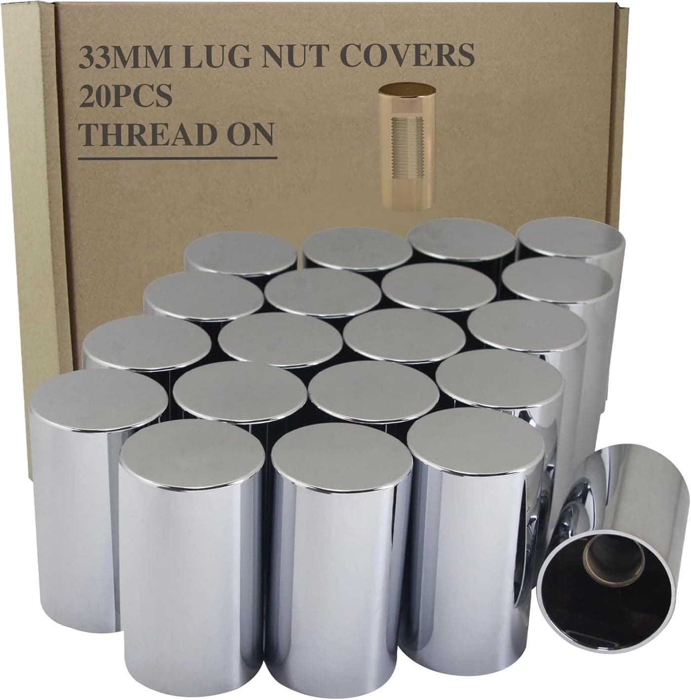 iBroPrat 33mm Thread On Flat Top Cylinder Lug Nut Covers - 20pcs ABS Chrome Plastic for Semi Trucks
