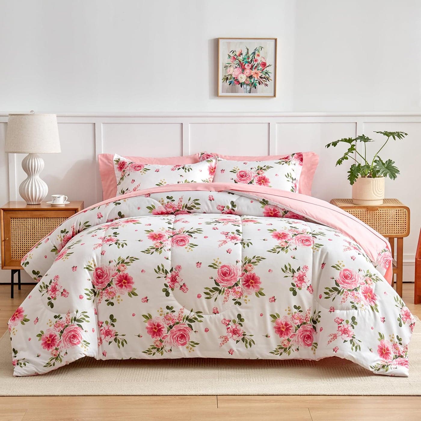 Flower Comforter Sheet Set White Bed in a Bag 7 Pieces Queen Size Dark Pink Floral Microfiber Bedding Set 1 Comforter 2 Pillow Shams 1 Pink Flat Sheet 1 Fitted Sheet 2 Pillowcases