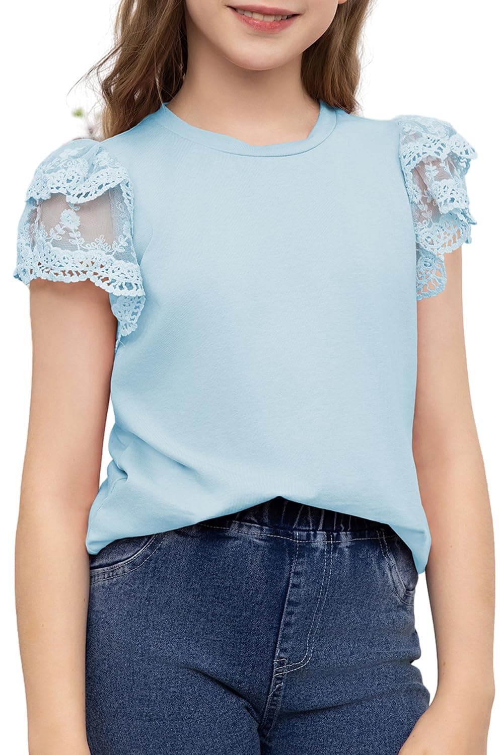 blibean Teen Girl Shirts Preteen Kid Girls Blouse Summer Short Sleeve Flowy Dress Tops Fashion Casual Dressy Clothes Fancy Solid Blouse Size 10-11 Year Old Light Blue