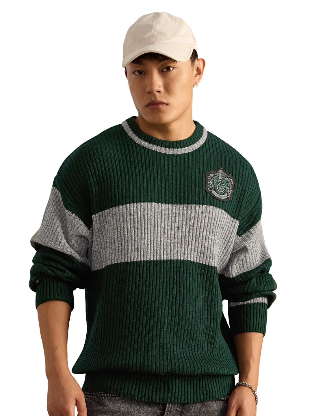 The Souled Store Harry Potter: Emerald Men and Boys Full Sleeves Crew Neck Colour-Block Acrylic Pop-Culture Oversized Pullovers