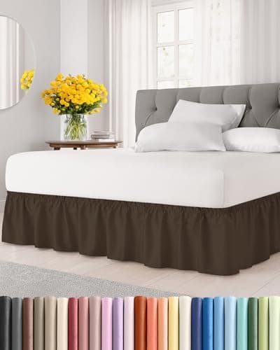 Wrap Around Dust Ruffle Bed Skirt Brown for Queen Size Beds with 12 Inch Drop Easy Fit Elastic Strap Adjustable Pleated Bedskirt wBrushed Fabric Wrinkle Free for Women Men Kids Teens