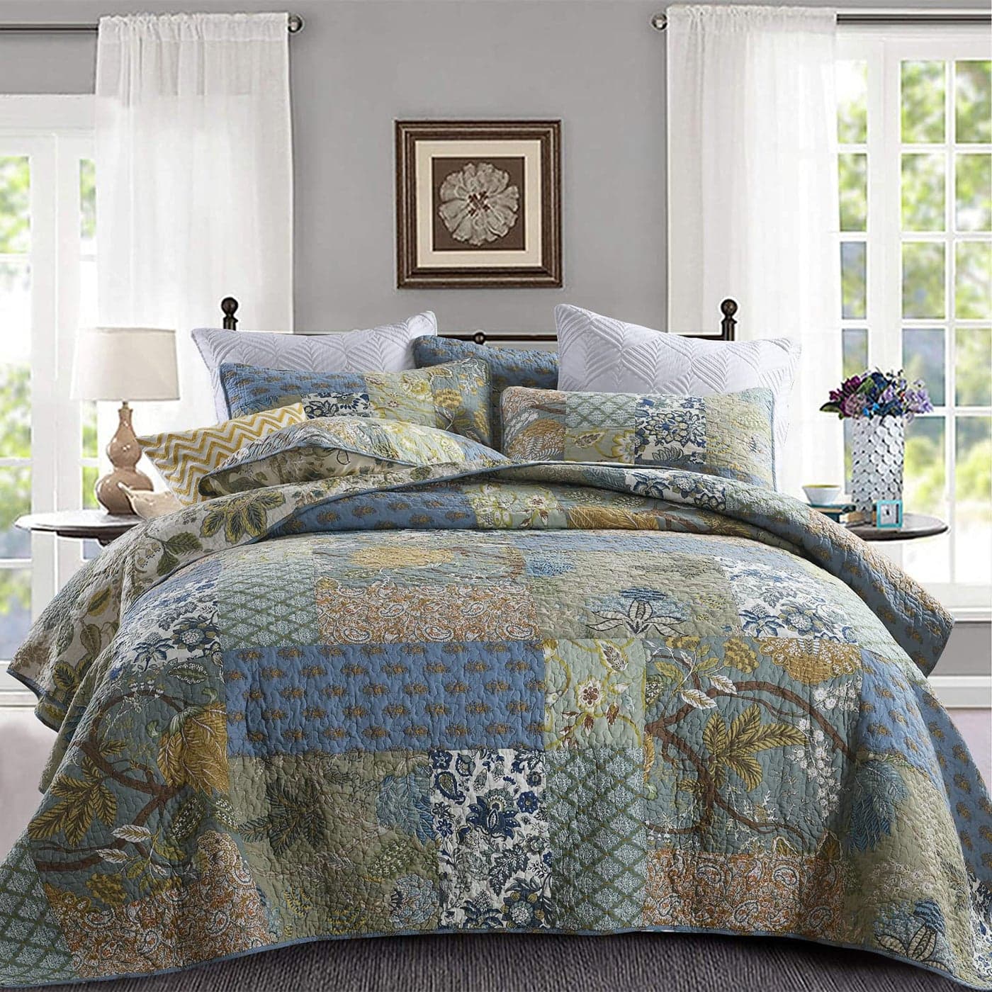 Yvooxny Quilt Set Queen Bedspread Reversible Green Farmhouse Garden Coverlet Real Patchwork Quilt Set for All Seasons Bohemian Floral Pattern Queen Size