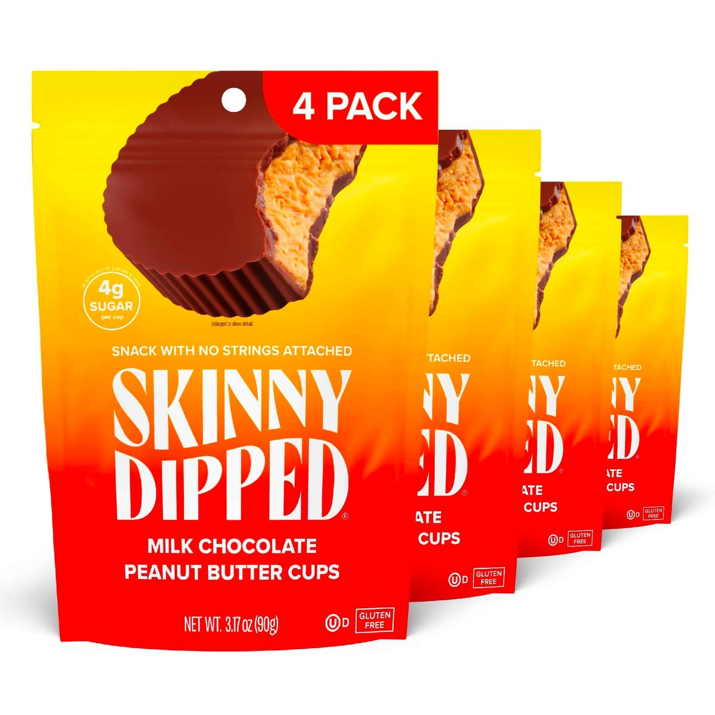 SkinnyDipped Milk Chocolate Peanut Butter Cups, 4g Sugar, Low Sugar, Low Carb, Gluten Free, 3.2oz Bag, 4 Pack (24 Cups Total)