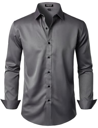 JEMITOP Men's Stretch Wrinkle Free Dress Shirts Formal Wedding Prom Long Sleeve Button Down Shirt Dark Grey XXXL