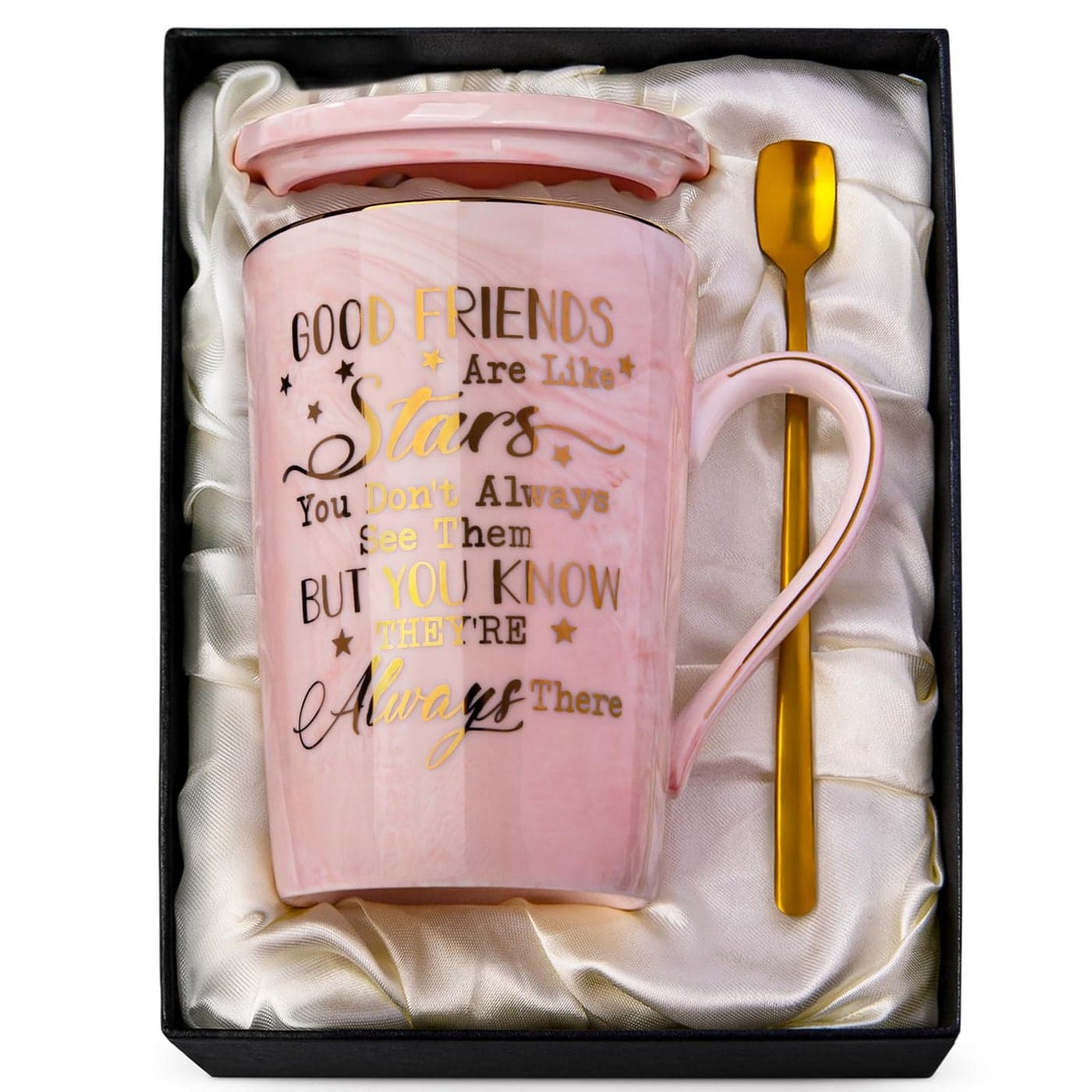 Best Friend Birthday Gifts for Women Unique Friendship Gifts for Women Good Friends are Like Stars Funny 14Oz Pink Ceramic Mug with Gold Print Presents for BFF Sisters Besties Nice Gift Boxed