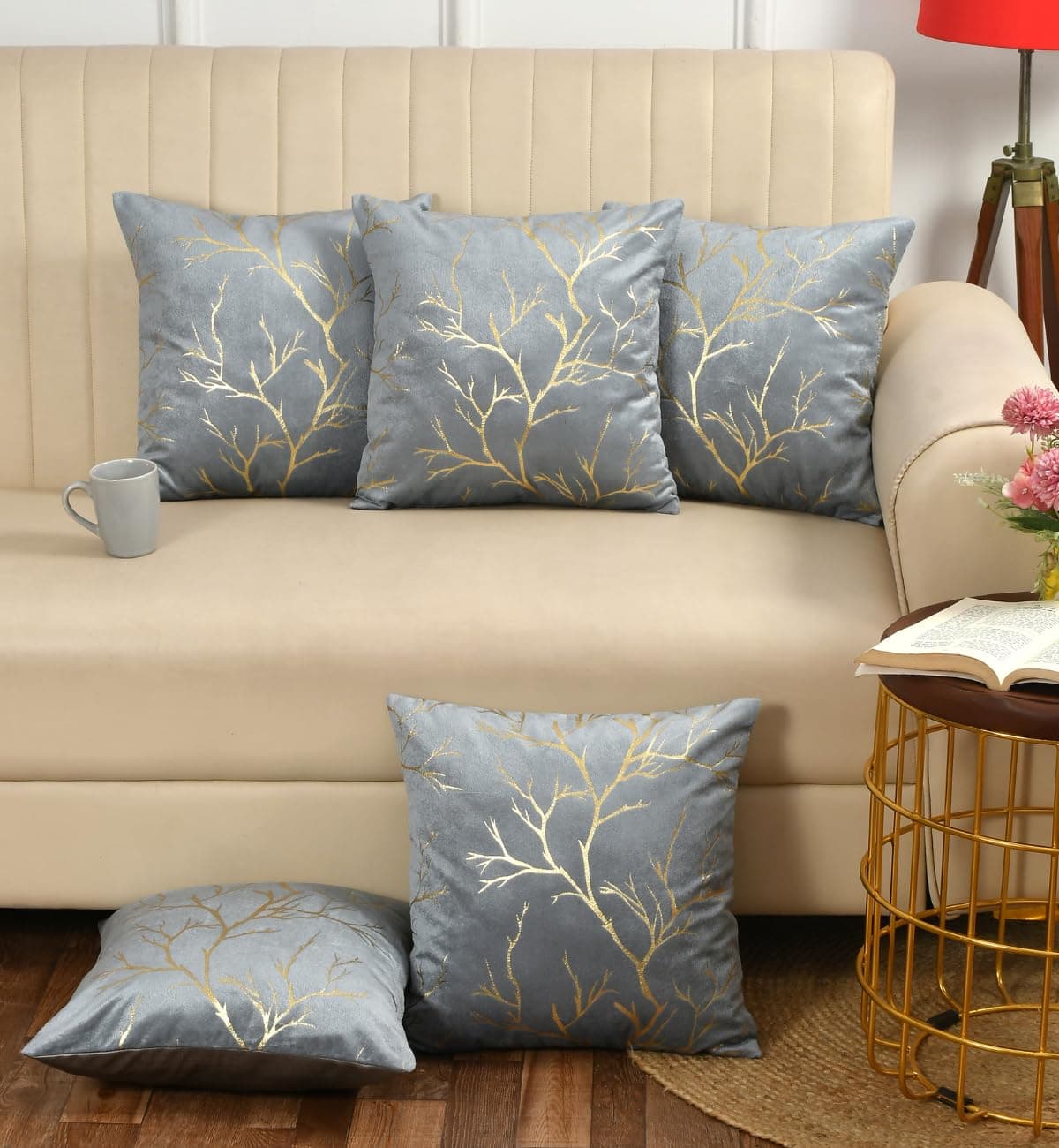 Stuffique Velvet Foil Cushion Covers 20 inch x 20 inch Set of 5, Grey