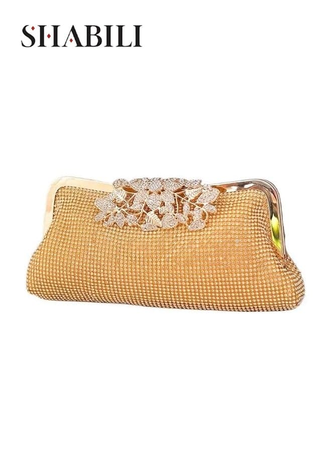 Banquet Bag for Women Guests and Bridesmaids, for Weddings Parties Proms in Alloy with Rhinestone Mesh, Floral Clasp and Detachable Chain, Evening Bag Clutch Bag Shoulder Bag Ladies Bag (Gold)