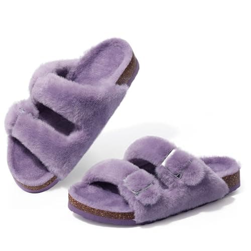 KIDMI Fuzzy Slippers Women with Cork Footbed Fluffy Slides Open Toe Indoor House Shoes | Arch Support | Adjustable Buckles, Purple 9
