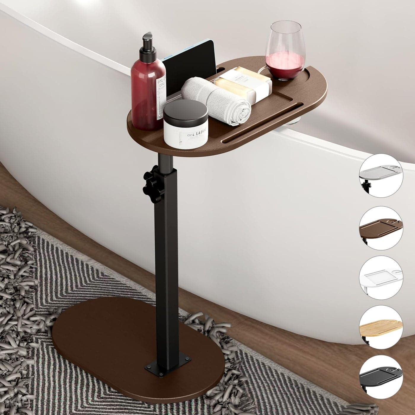 Yumkfoi Bamboo Bathtub Tray Table with Adjustable Height Freestanding Bath Caddy Side Table for Tub Against Wall Tub Shelf with Wine Glass Phone Holder Functional Tray Patent Protected Brown