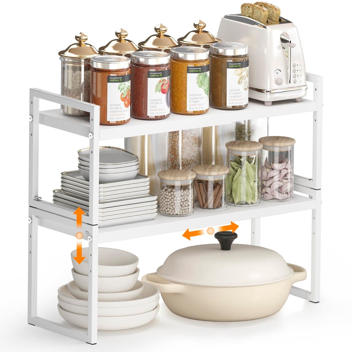 DOLALIKE Expandable Kitchen Countertop Organizer Stackable Cabinet Shelf Organizers Space Saving Spice Rack Pantry Storage for Bathroom Office Organization White 2Tier