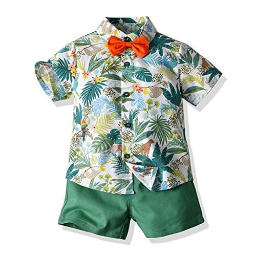 JunNeng Toddler Baby Boy Shorts Sets Hawaiian Outfits,Tropical Floral Short Sleeve Shirt +Elastic Shorts Vacation Clothes,Light Green 2-3 Years
