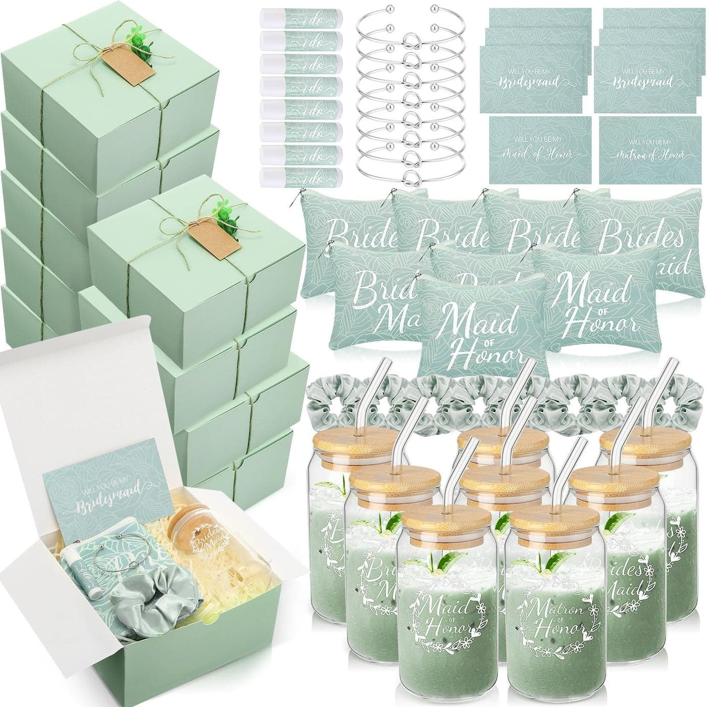 FillTouch 72 Pcs Bridesmaid Proposal Gifts Will You Be My Bridesmaid Maid and Matron of Honor Gifts Include Gift Box Glass Cup Makeup Bag Cards Lip Balm Hair Scrunchie Knotted BraceletGreen