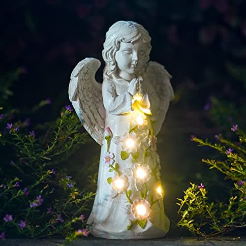 Nacome Garden Outdoor Statues Angel with Succulent and 7 LED Lights – Lawn Decor for Patio, Balcony, Yard Ornament - Unique Housewarming Gifts