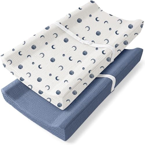 Bearmoss Changing Pad Cover 2 Pack Muslin 100 Cotton Diaper Changing Table Covers 32 x 16 Soft Breathable Changing Pad Sheets for Unisex Baby Girls and Boys with Strap Holes Bluemoon