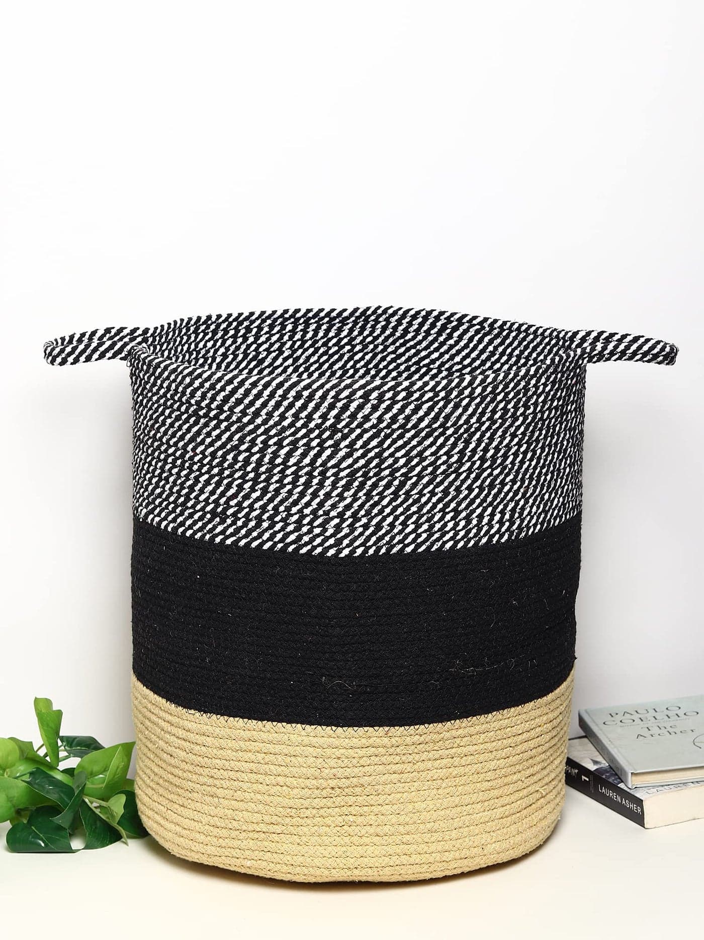 Habere India-All the Cultures Fabricating India Laundry Basket | Baskets For Baby Clothes Storage | Jute & Rope Clothes Baskets | Jute Laundry Basket with Handle (Design 2, Dia40 x H45 cm)