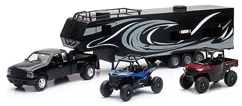 New Ray Toys Die cast Pick up Truck with Toy Hauler and 2 Polaris Vehicles Blue RZR and red Ranger