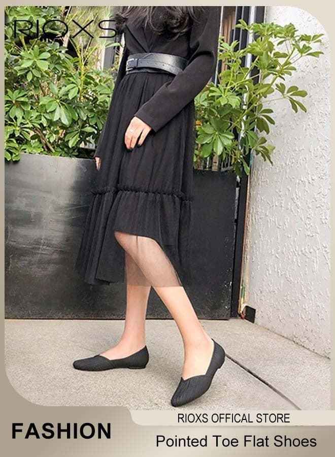 Women's Flats Shoes, Fashion Wrinkle Surface Dress Shoes, Women's Comfort Shoes, Low Wedge Shoes for Ladies, Slip-On Everyday Pointed Toe Shoes, Lady's Metro Elegant Flats, Softable Slip-ons Casual Work Office Shoes, Black Flats Womens Footwear