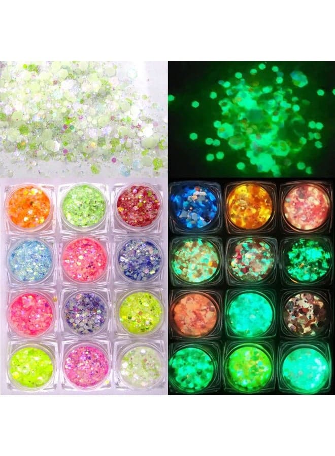 12 Colors Night Glow Chunky Glitters Flakes Luminous Neon Powder Glitter Sequins for Acrylic Nails/Crafts/Resin/Makeup/Festival/Slime