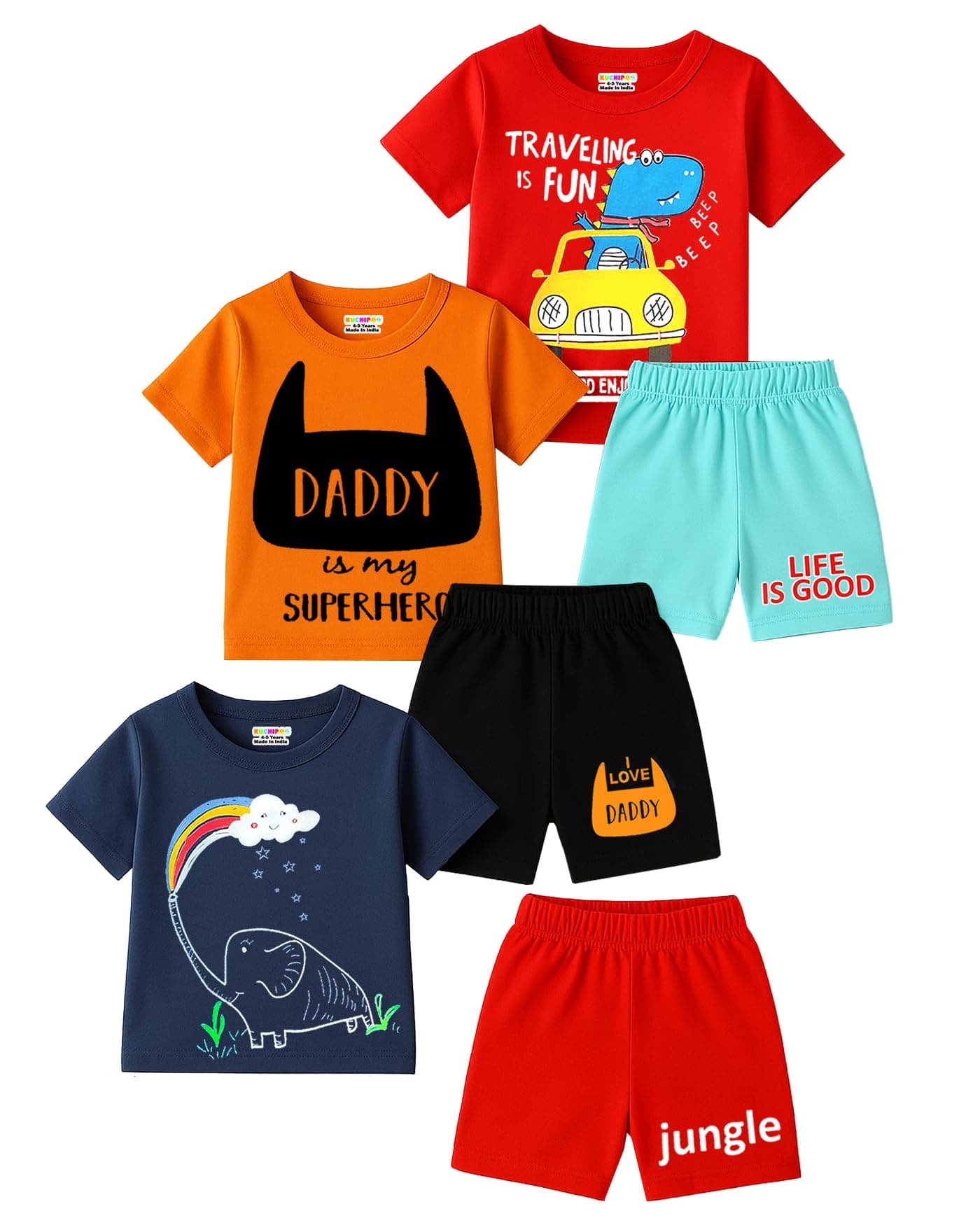 Kuchipoo Boys Regular Fit Cotton T-Shirts and Shorts Set (KUC-BSUT-130, 4-5 Years, Multi-Colored)