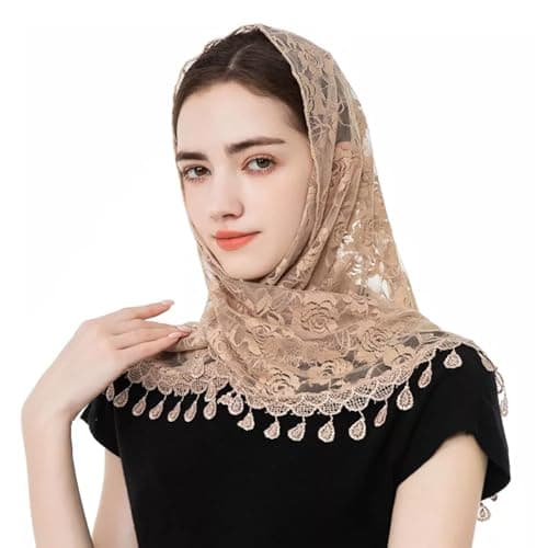 PALAY® Lace Shawl Women Lace Mantilla Triangle Mass Veil for Women Tassle Rose Jacquard Shawl Headwear Wedding Veil Headwear,Brown