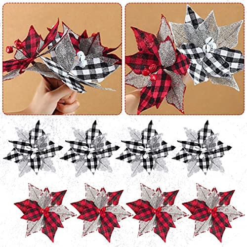 Chuangdi 12 Pcs Buffalo Plaid Poinsettias 67 Inches Christmas Tree Ornaments Burlap Artificial Xmas Flower Decor with Bells for Rustic Christmas Tree Wreath Garland PartyRed Black Black White