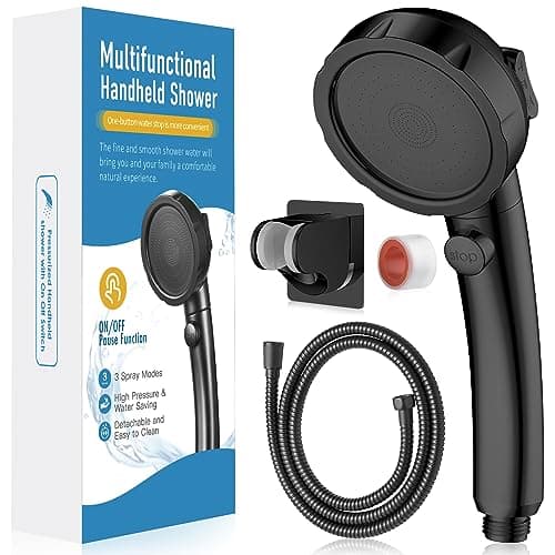 HEROBAI High Pressure Shower Head with Handheld, On Off Shower for RV, Water Saving Shower Head with Stop Button and 3 Modes, Detachable RV Shower Head with Hose and Bracket (Brushed Nickel)