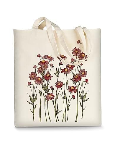 AUSVKAI Canvas Tote Bag Aesthetic for Women, Cute Red Flower Reusable Cotton Bags for Shopping College Beach Trendy Gifts