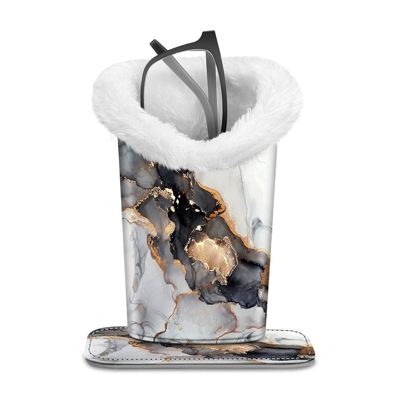 Fintie Plush Lined Eyeglasses Holder with Magnetic Base- Premium Vegan Leather Glasses Stand Case, Cloudy Marble