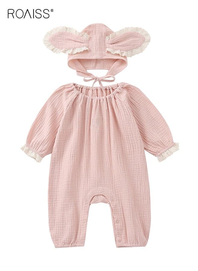 Baby Girl Rompers Set with Hat, Skin-friendly Playsuit for Babies, Comfortable Breathable Pajamas with Ruffled Cuffs, Long Sleeve Onesie Pjs for Baby Girls, Newborn Cotton Sleepwear, Suitable for Daily Wear, Family Gatherings, Parent-child Photos