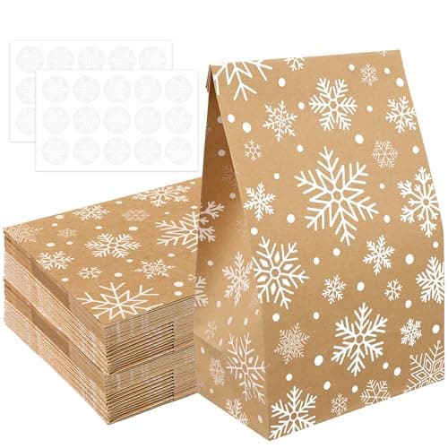 24 PCS Christmas Snowflake Paper Treat Bags Winter Snowflake Gift Bags with Stickers Christmas Kraft Paper Candy Goodie Bag for Xmas Winter Holiday Party Favor Goody Gifts Supplies